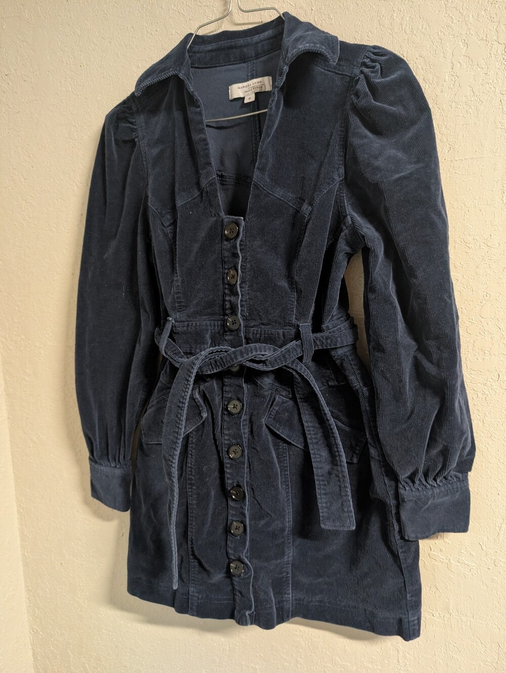Marissa Webb Navy Corduroy Button-Front Belted Dress Jacket 0 Indie Mini Pocket